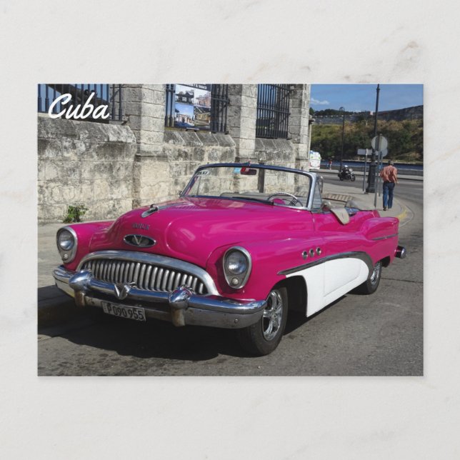 Cartão Postal Cuba, Carro Branco Rosa Clássico (Frente)