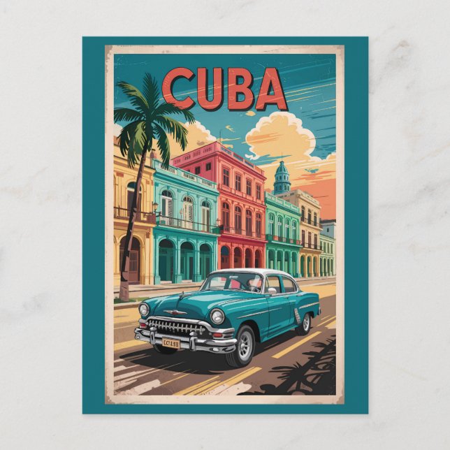 Cartão Postal Cuba Clássica Ilustração de Carro Viagem Art Vinta (Frente)
