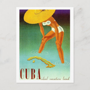 Cartão Postal Cuba, Ilha, garota de biquíni com grande chapéu am