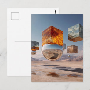 Cartão Postal Cubos Flutuantes Surrealistas e Esfera Reflexiva