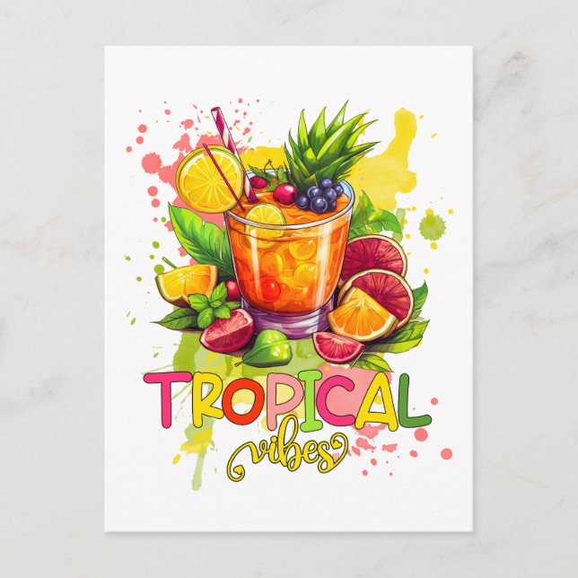 Cartão Postal Cubos Tropicais - Frutas de Aquarelas do Verão Vib (Frente)