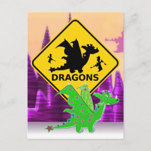 Cartão Postal Cuidado com o Dragão de Cartoon Bonito de Sinal d