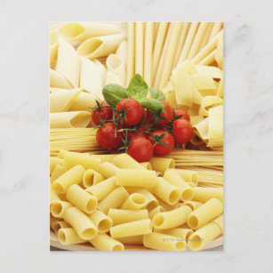 Cartão Postal Culinária italiana. Massa e tomates