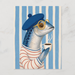 Cartão Postal Cumprimento Costeiro Francês Chic Sardinha Café Io