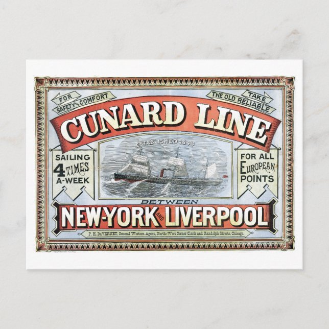 Cartão Postal Cunard Line New York Liverpool 1875 (Frente)