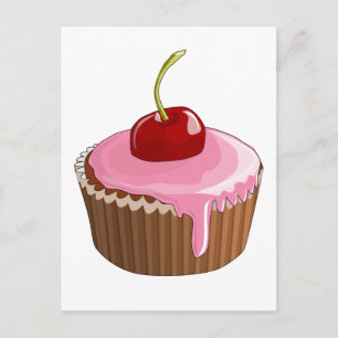 Cartão Postal Cupcake com Glacé rosa e cereja no topo