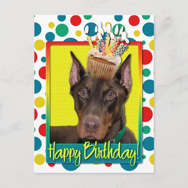 Cartão Postal Cupcake de aniversário - Doberman - Red - Rocky (Frente)