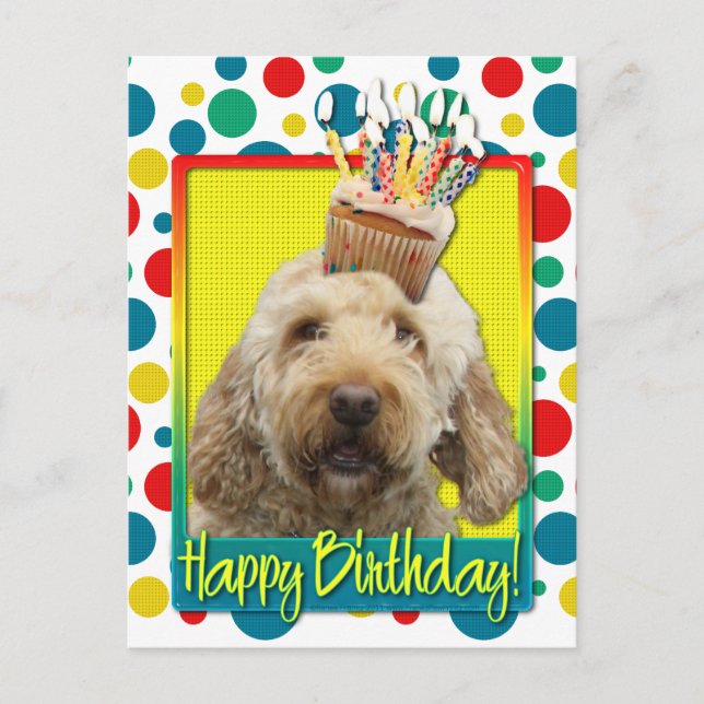 Cartão Postal Cupcake de aniversário - GoldenDoodle (Frente)