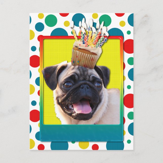 Cartão Postal Cupcake de aniversário - Pug (Frente)