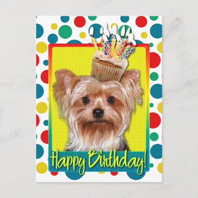 Cartão Postal Cupcake de aniversário - Yorkshire Terrier (Frente)