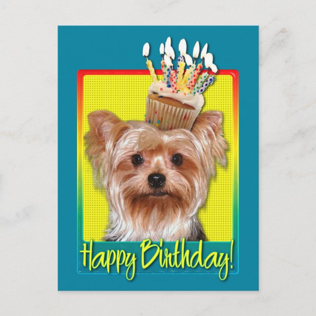 Cartão Postal Cupcake de aniversário - Yorkshire Terrier (Frente)