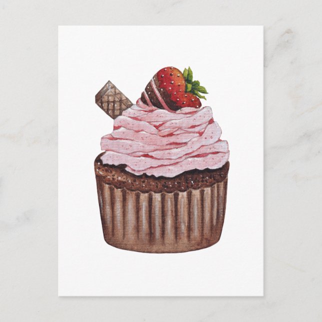 Cartão Postal Cupcake De Morango Cujo Cama É Em Aquarela (Frente)