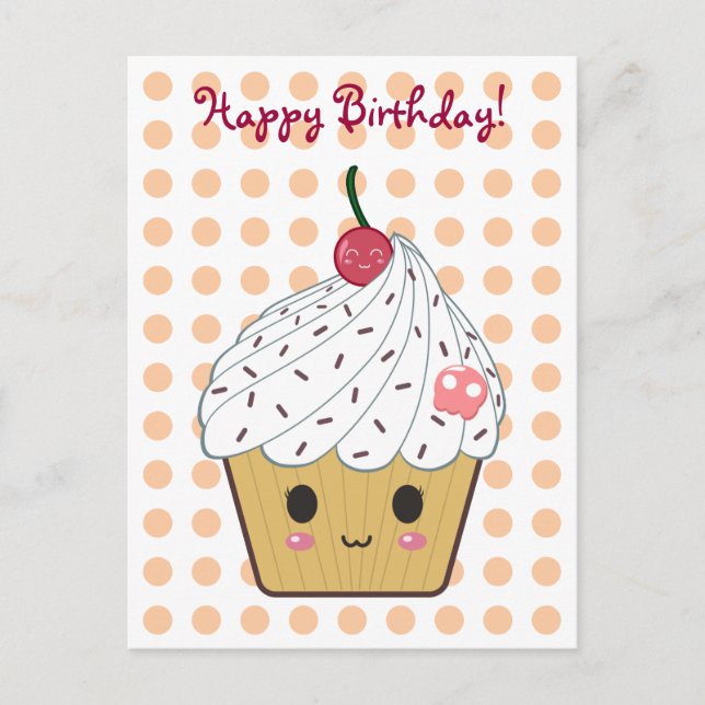 Cartão Postal Cupcake Kawaii em Bolinhas "Feliz Aniversário" (Frente)