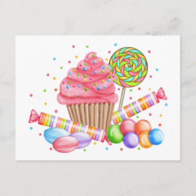 Cartão Postal Cupcake Maravilha Candy Lollipop Doces Tarts (Frente)