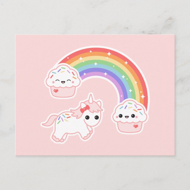 Cartão Postal Cupcake Rainbow Unicorn (Frente)