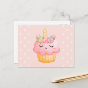 Cartão Postal Cupcake rosa-claro Unicórnio com Rosas