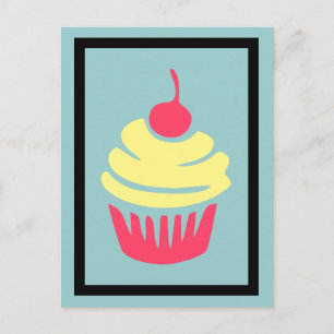 Cartão Postal Cupcake rosa e amarelo com cereja no topo