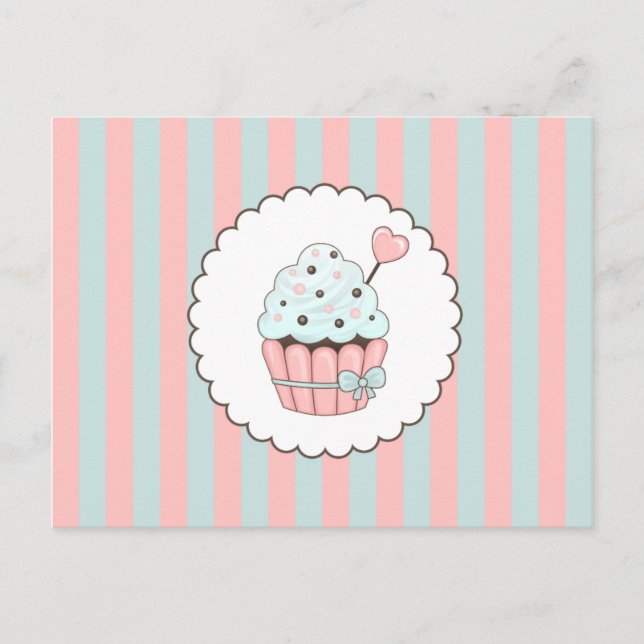 Cartão Postal Cupcake rosa- e Design azul-mint (Frente)