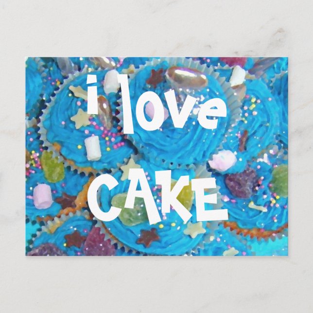 Cartão postal Cupcakes Azul 'eu amo CAKE' (Frente)