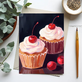 Cartão Postal Cupcakes de Cereja | Pintura em Aquarela de Celebr