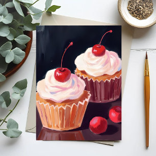 Cartão Postal Cupcakes de Cereja   Pintura em Aquarela de Celebr