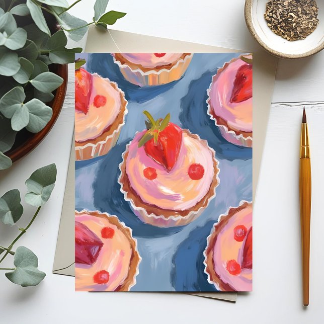 Cartão Postal Cupcakes de Morango | Aquarela de Frutas Comemorat (Criador carregado)