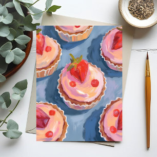 Cartão Postal Cupcakes de Morango   Celebração Aquarela de Fruta