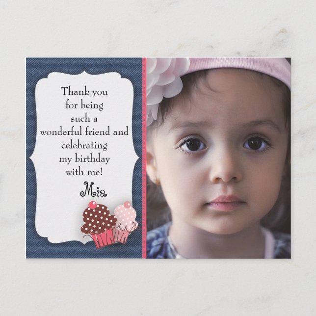 Cartão Postal Cupcakes Denim e Rosa Foto Aniversário Obrigado (Frente)