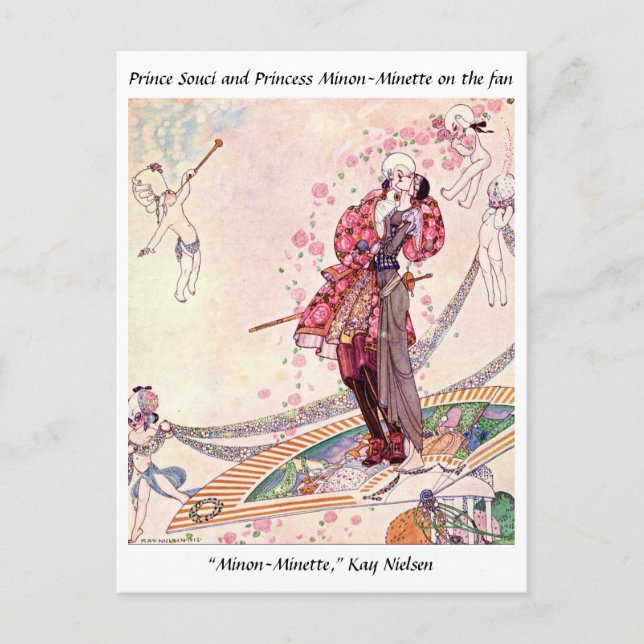Cartão Postal Cupídeos, Princesa e Príncipe em um fã mágico (Frente)