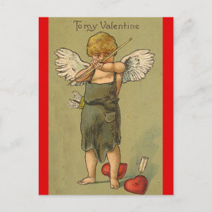Cartão Postal Cupido Antigo Com um Arco e Dois Corações no Dia d