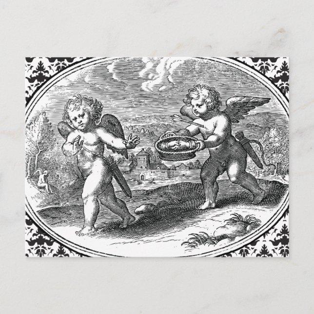 Cartão Postal Cúpido Apaixonado Vintage Romântico Elegante Preto (Frente)