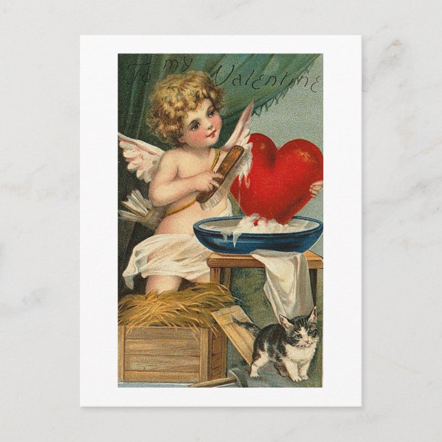 Cartão Postal Cupido e Gato do Coração a Esmagar (Frente)