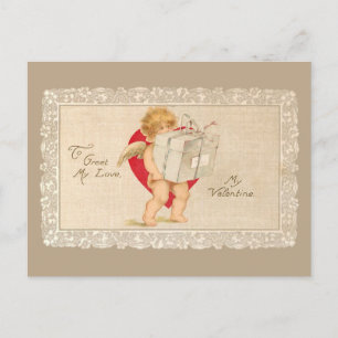 Cartão Postal Cupido Namorados Vintage com Pacote e Coração Verm