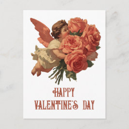 Cartão Postal Cupido Vintage com Buquê de Rosas