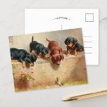 Cartão Postal Curious Dachshund Puppies | Carl Reichert<br><div class="desc">Curious dachshund puppies and a frog | Carl Reichert’s charming painting Curious Dachshund Puppies and a Frog captures a playful moment, where four adorable dachshund puppies curiously gather around a small frog. The detailed depiction of the puppies’ expressive faces and lively postures, paired with the serene natural setting, creates a...</div>