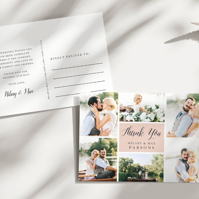 Cartão Postal Cursive | Wedding Photo Collage Thank You (Criador carregado)