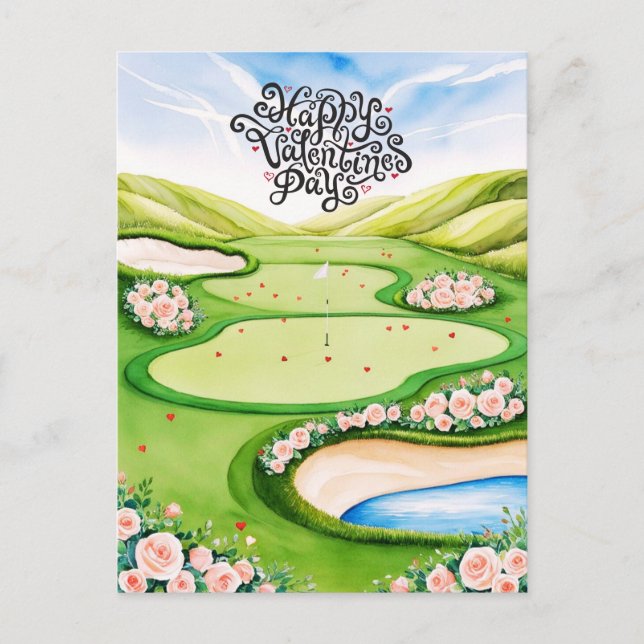 Cartão Postal Curso Romântico de Golfe com Rosas - Cores d'água (Frente)