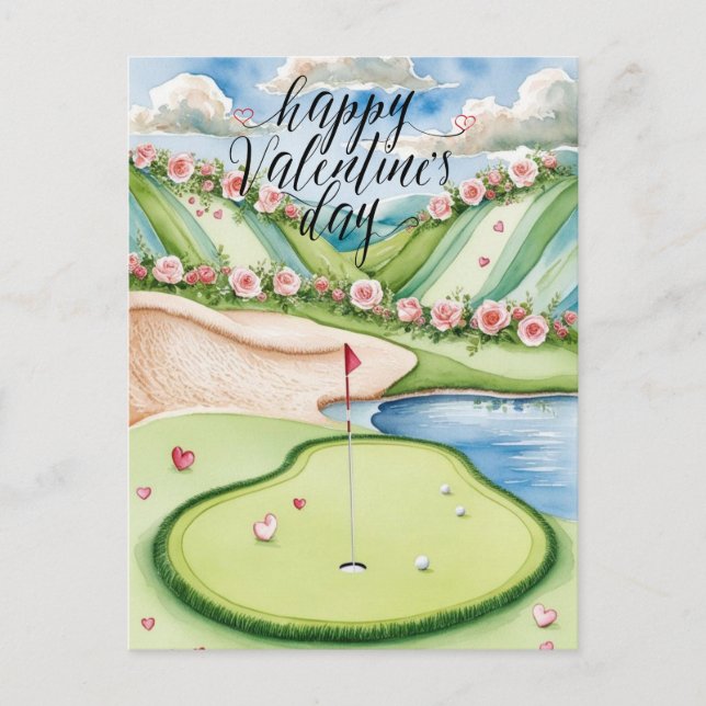 Cartão Postal Curso Romântico de Golfe com Rosas - Cores d'água (Frente)