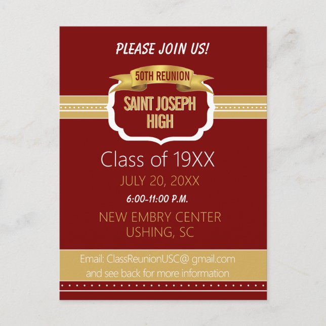 Cartão Postal Custom Maroon 50th Class Reunion Invite (Frente)