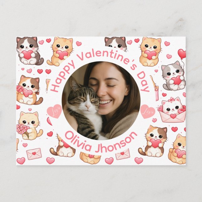 Cartão Postal Custom Photo Valentine’s Day Cat Lover Postcard (Frente)