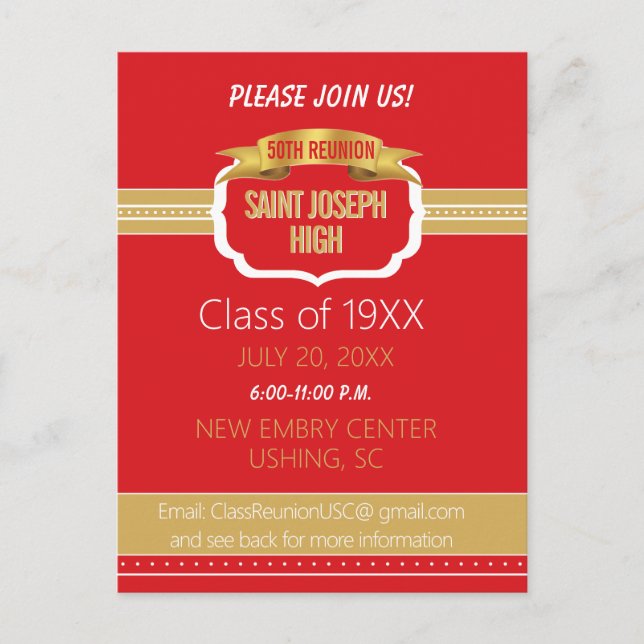 Cartão Postal Custom Red 50th Class Reunion Invite (Frente)