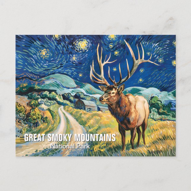 Cartão Postal Custom Text Great Smoky Mountains Elk Van Gogh Art (Frente)