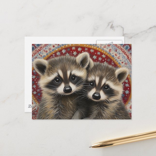 Cartão Postal Cute Adorable Baby Raccoons Boho (Frente/Verso In Situ)