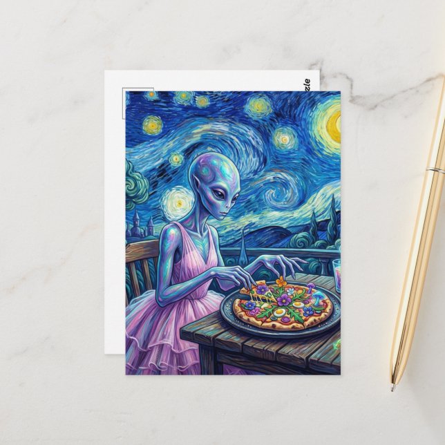 Cartão Postal Cute Alien in Pink Dress Eats Pizza Faux Van Gogh (Frente/Verso In Situ)