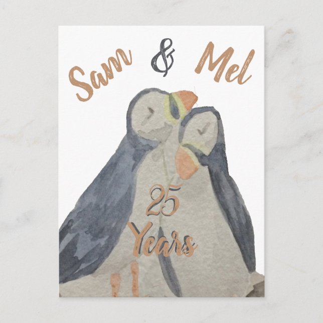 Cartão Postal Cute Anniversary Puffins (Frente)