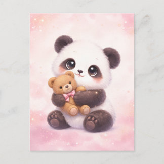Cartão Postal Cute Baby Panda Hugging Teddy Bear Postcard
