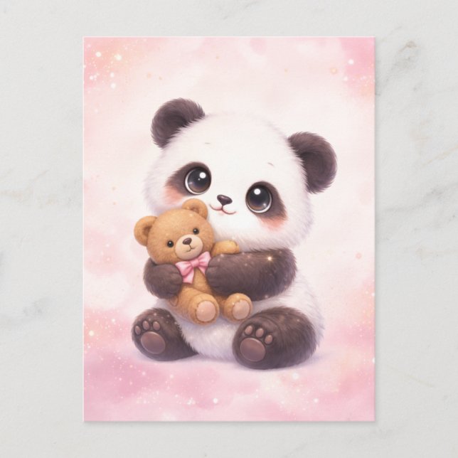 Cartão Postal Cute Baby Panda Hugging Teddy Bear Postcard (Frente)