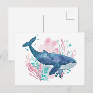 Cartão Postal Cute Baleia Jubarte ilustração aquarela Pequena