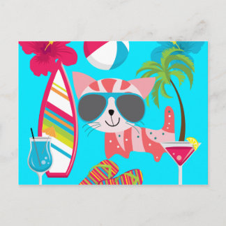 Cartão Postal Cute Beach Bum Kitty Cat Sunglasses Beach Ball