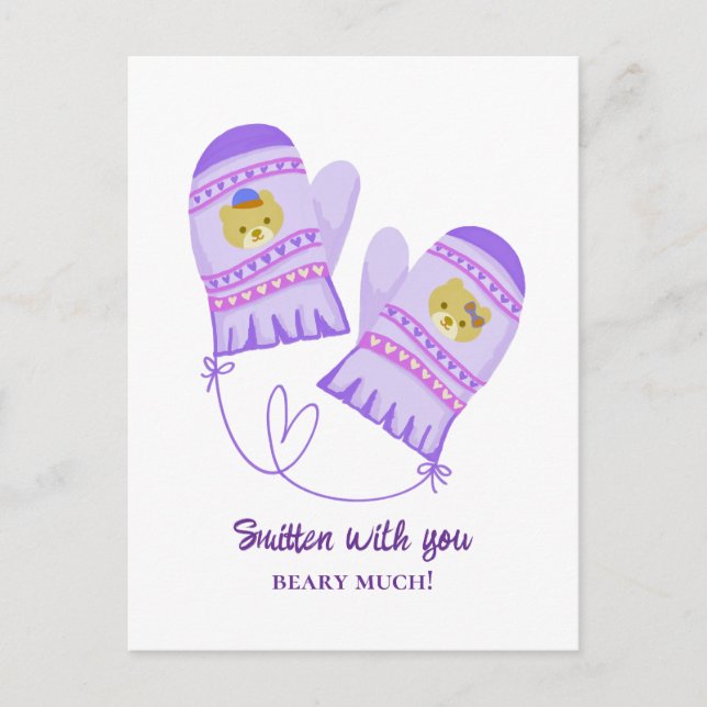 Cartão Postal Cute Bears In Love Purple Mittens Valentine's Day  (Frente)